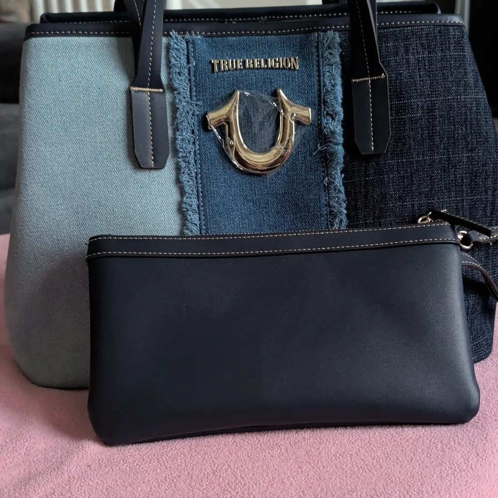 True Religion Denim Patchwork Tote with Black Wristlet
